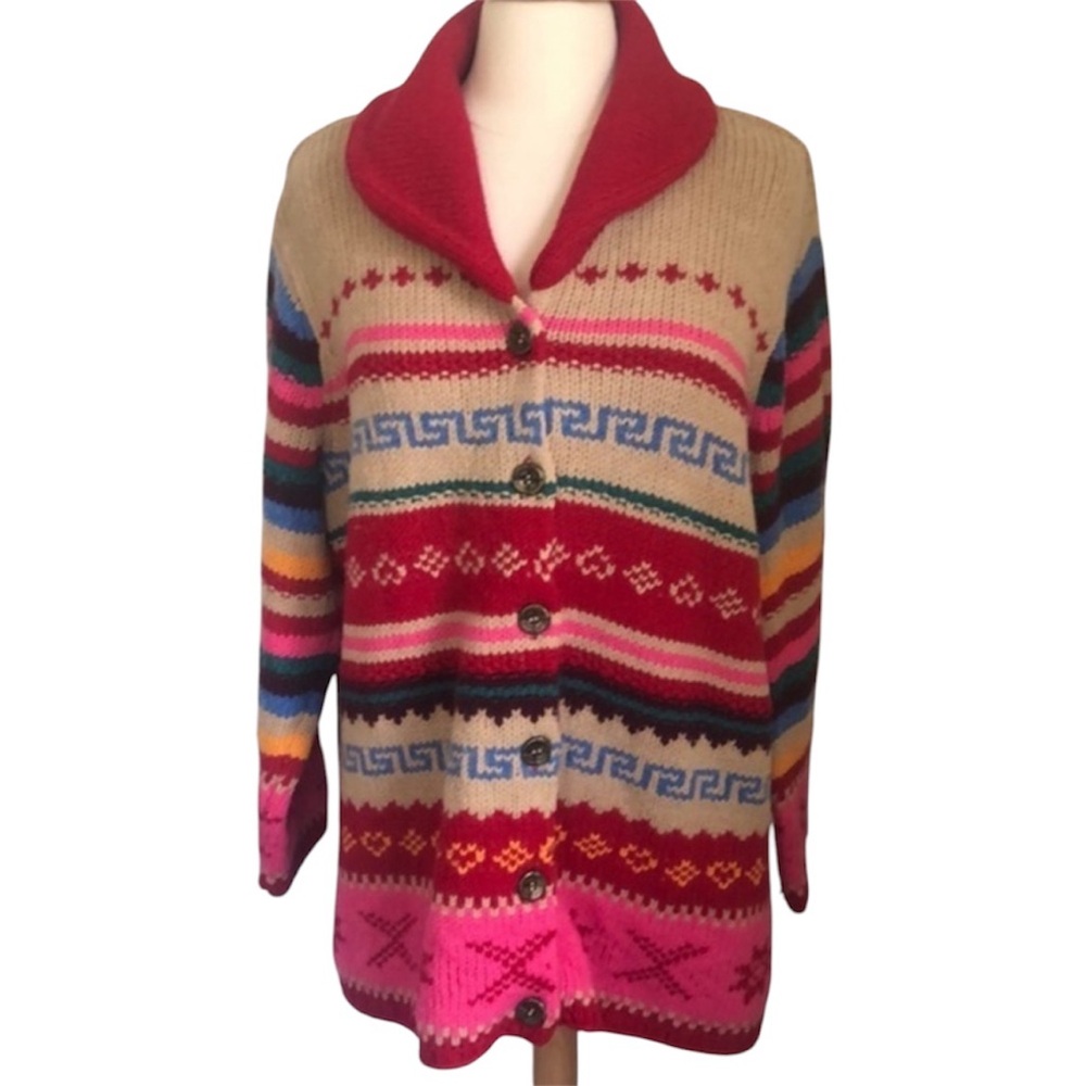 Colorblock Fair Isle Button-Front Shawl Collar Sweater - Multi